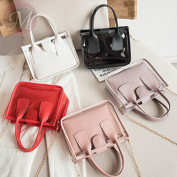 Best price Popular PVC transport crossbody hand bag women in summer with mini leather pocket and chain handle for girls