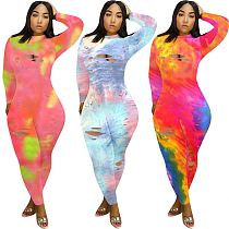Wholesale fashion long sleeve holes tie dye Burn Out Bodycon Sexy Women One Piece Jumpsuits And Rompers