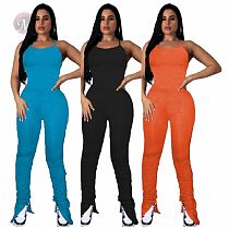 New Summer Tights Backless Solid Draped Stacked Split Bodycon Sexy Women One Piece Jumpsuits And Rompers Jump Suit
