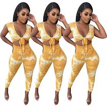 Latest design fashion casual sports tie-dye sexy bodycon hollow out bandage women one piece jumpsuits and rompers
