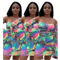 Design Fashion Sexy Strapless Plicated Flare Sleeve Crop Top And Skirt Women Two Piece Dress Set Women Clothing