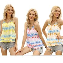 Newest design fashion casual 2020 summer V neck spaghetti strap Ruffle tie-dye Women Tops Shirt And Blouse For Woman