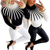 fashionable casual turtleneck long sleeve knitwear skinny stripe splicing women fashion sweater jumper