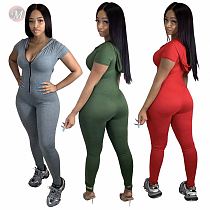 New Design Women's Full Length Solid Short Sleeve With Hoodie V-neck Bodysuits Ladies One Piece Jump Suit