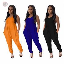 Fashion Solid Loose With Pocket Women's Full Length Ladies One Piece Bodysuits Bodycon Jump Suit