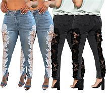 Design Fashion Casual Washed Denim Pants Lace Splice Women Female Bottoms Ladies Trousers Jeans Pants