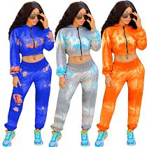 Wholesale Casual Long Sleeve Hooded Sports Suit Tie-Dye Autumn Sexy 2 Pcs Track Suit Outfits Two Piece Set Women Clothing