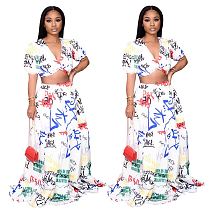 2020 Fashion Print Sexy V Neck Party 2 Pcs Dress Outfits Long Skirt And Crop Top Two Piece Set Women Clothing For Women