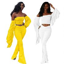 Fashion Streetwear Night Clubwear Fall New Solid Color Sexy Off The Shoulder Stacked Pants Set 2 Piece Set Women Clothing