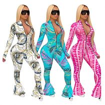 Fashion Casual Print Long Sleeve Trumpet Zipper Jump Suit Basic Bodysuits Women One Piece Jumpsuits And Rompers