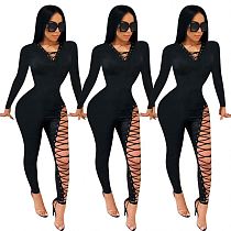 Latest Design 2020 Fall Fashion Clothing Ladies Bandage Sexy Bodycon Jumpsuit V Neck Hollow Out Clubwear Black Jumpsuit