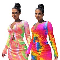 Cheap Apparel Fashion Casual Tie Dye V Neck Zipper 2 Pcs Track Suit Outfits Two Piece Set Women Clothing