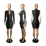 Newest Design Casual Fashion Zipper V Neck Patchwork Color Women Girls' Sexy Clothes Lady Elegant Dress