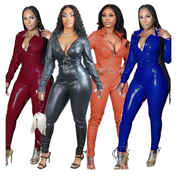 Newest Design Fashion Sexy 2020 Autumn Pu Leather Women Sets Zipper Top And Pants Two Piece Set Women Clothing