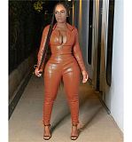 Newest Design Fashion Sexy 2020 Autumn Pu Leather Women Sets Zipper Top And Pants Two Piece Set Women Clothing