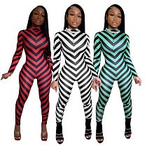 Newest Design Stripped Print Contrast Color Long Sleeves Women Jumpsuits Lady Romper One Piece Jumpsuits