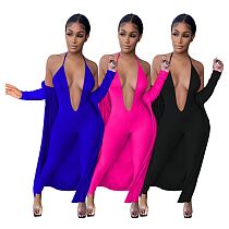 New Arrival Woamn Fashion Sexy Deep V Neck Bodycon Ladies Hollow Out Jumpsuit And Caot Women Sets Two Piece
