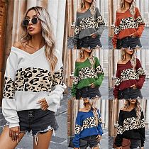 Hot Selling One Shoulder Trendy Women Clothing 2020 Ladie Sexy Tops V Neck Leopard Splice Women Sweater
