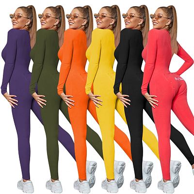 Newest Design Solid Color Button Down Hip Patch Long Sleeve 2021 Winter Woman Bodycon Women Sleepwear One Piece Jumpsuits