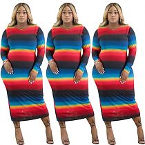 New Arrivals Fashion Clothing Woman Rainbow Long Sleeve Plus Size Lady Elegant Sexy Dresses Women Casual Dress