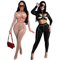 Latest Design Women Clothes 2021 Spring Sexy Hollow Out Stand Collar Tight Sport Suit Women 2 Piece Pants Set