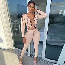 Best Seller 2021 Sexy Hollow Out Bandage Skinny Crop Top Two Piece Set Clothes Long Sleeve Two Piece Set