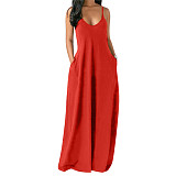 0060508 Newest Design V Neck Suspender Strap Loose Pockets Ladies Solid Color Long Dress Women Fashion Casual Maxi Dresses