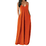 0060508 Newest Design V Neck Suspender Strap Loose Pockets Ladies Solid Color Long Dress Women Fashion Casual Maxi Dresses