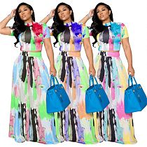 MOEN New Arrival 2021 Short Sleeve Tshirt Long Skirt Sets Matching Women Graffiti  Print Summer Casual Two Piece Dresses