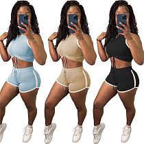 MOEN Fashionable Drawstring Pleated Crop Top Sports Short 2 Piece Women Solid Casual Summer Two Piece Clothing Sets