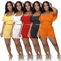 MOEN Pure Color Hollow Out Drop Sleeve Women Clothing 2 Piece Pant Sets Ruffle Crop Top And Shorts Two Piece Set