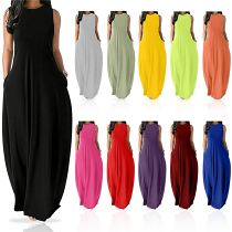 MOEN Hot Selling 2021 Round Neck Sleeveless Casual Pockets Dress Pure Color Summer Sun Maxi Loose Fashion Women Dresses