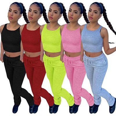 Moen Summer Casual Jogger Pants Stacked Solid Crop Top Women Clothing Two Piece Pants Set For Women Pant Set