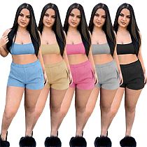 MOEN Pure Color Backless Tank Top Shorts 2 Piece Women Clothing Summer Ladies Fashion 2021 Two Shorts Set For Women Sets