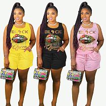 MOEN Fashionable 2021 Summer Lips printed Tank Top And Pants Plus Size Women 2 Piece Shorts Set