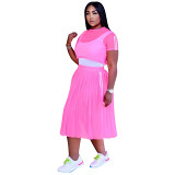 MOEN Latest Design Sexy Women Solid Color Vest bodysuit Net Two Piece Set and Half Skirt 3 Piece Set