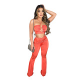 MOEN New Arrival Cross Floor Length Pants and Hollowed Out Crop Top Bandage Two Piece Set Women Clothing