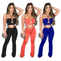 MOEN New Arrival Cross Floor Length Pants and Hollowed Out Crop Top Bandage Two Piece Set Women Clothing