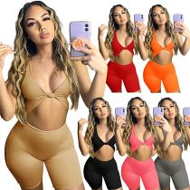 MOEN Hot Selling 2021 Summer Women Sexy Sleeveless Low Cut Knotted Sports Slim Casual Bodycon Jumpsuits