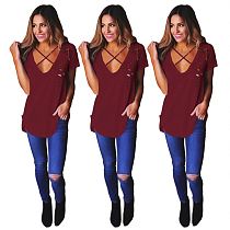 MOEN High Quality Casual Solid Color Short Sleeve Tops Women Cross V Neck Torn Burn Out Cotton T Shirt Tops