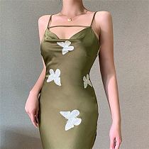 Pearl Summer Leisure Sling Belt Girl Skinny Body Wrap Buttock Butterfly Print Bodycon Dress Women