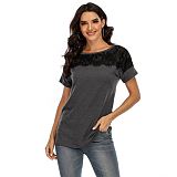 Pearl Round Collar Short Sleeve Girl Summer Lace Patchwork T-Shirt Dew Shoulder Short Sleeves Women Tops
