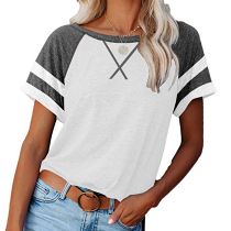 PEARL Latest Design Short Sleeve Crew Neck Striped Panelled Ladies' Blouses Woman Tops Fashionable