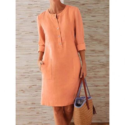 PEARL Plus Size Woman Casual Dress Cotton And Linen Round Neck Long Sleeve Women 2021 Summer Dresses