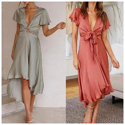 PEARL 2021 Summer Dresses Sexy Temperament Short Sleeves V Neck Irregular Woman Casual Dress
