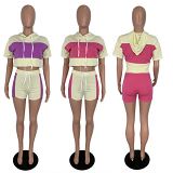 MOEN Hot Selling 2021 Summer Fashion Splice Hooded Tracksuit Ladies Sportswear Women Short Set Two Piece Outfits