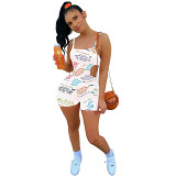 MOEN New Arrival 2021 Summer Fashion Letter Print Sexy Hollow Out Bodycon Jumpsuit Women One Piece Short Jumpsuits