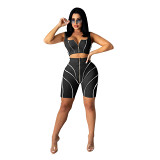 MOEN New Arrival 2021 Summer Fashion Splice Leisure Suit Sportswear Two Piece Outfits Women 2 Pice Short Set Clothing