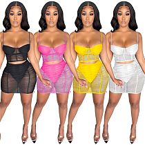 MOEN Latest Design 2021 Summer Fashion Sexy Mesh Perspective Ladies Top And Skirts Mini Skirt Sets Women 2 Piece Outfits