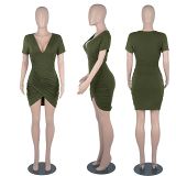 MOEN Wholesale Fashion Solid Color V Neck Asymmetric Sexy Bodycon Dress Women Evening Party Dress